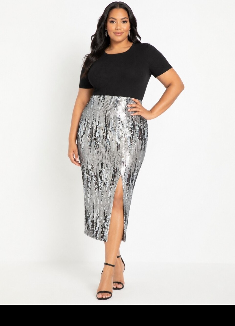 ELOQUII Plus Size 22 Silver Black Sequin Lined Midi Skirt Front Slit Party